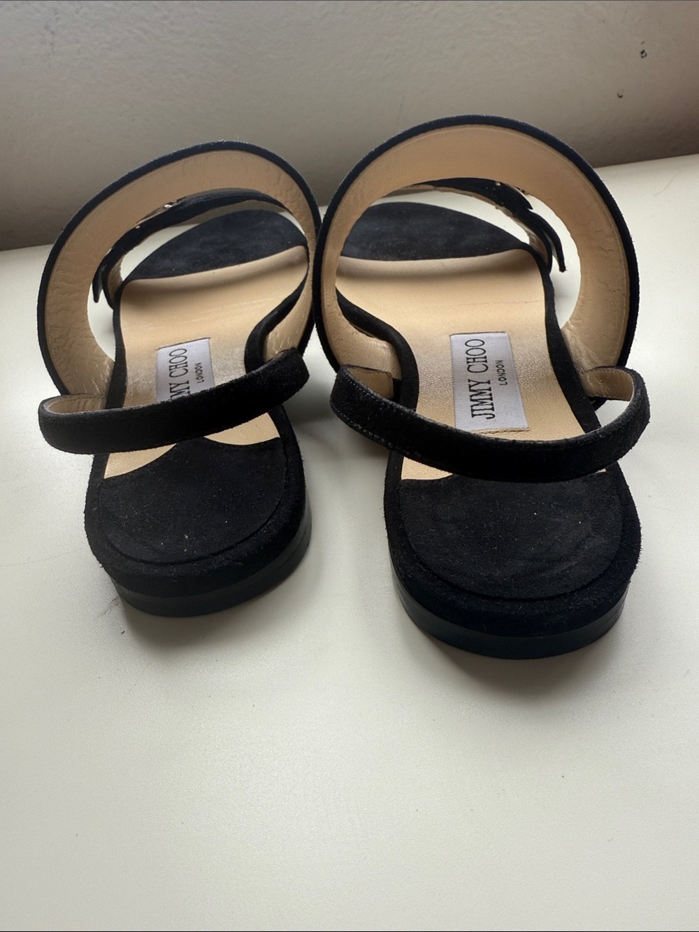 Jimmy Choo Black Saphera flat suede sandals with crystal buckle - Picture 4 of 9